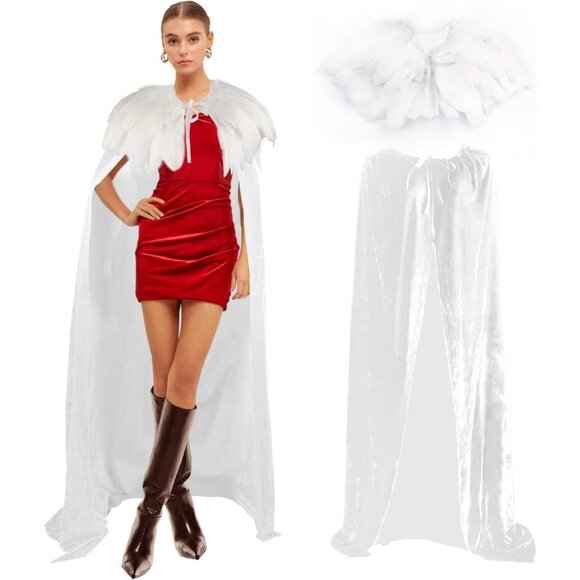 Women Classic Witch Costume and Natural Feather Cape Halloween Witchy Cloak - Picture 6 of 6